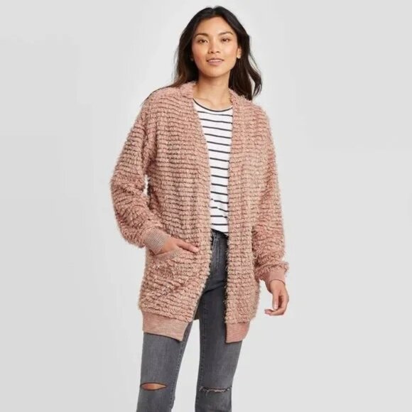 KNOX ROSE WOMEN'S OVERSIZED BLUSH PINK ROSE EYELASH OPEN FRONT CARDIGAN SMALL - Picture 1 of 6